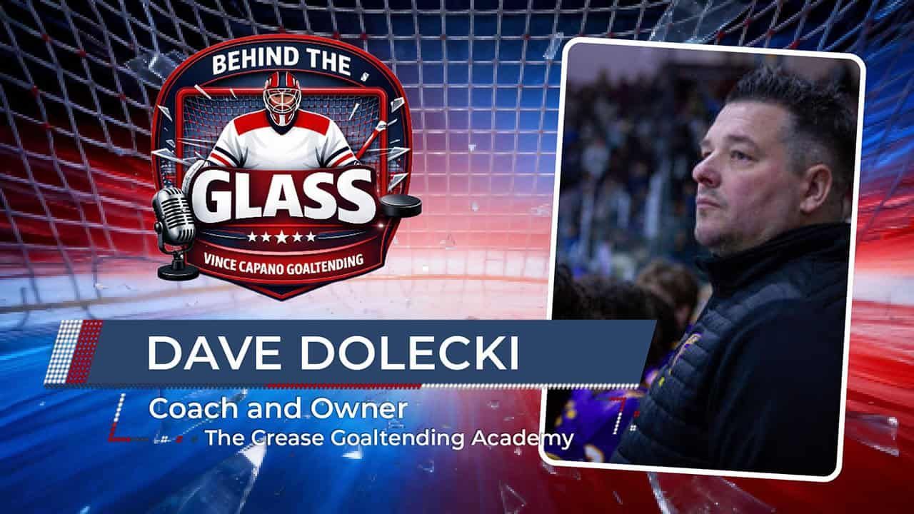 Dave Dolecki profile graphic with hockey-style “Behind the Glass” logo and side portrait on blue-red background