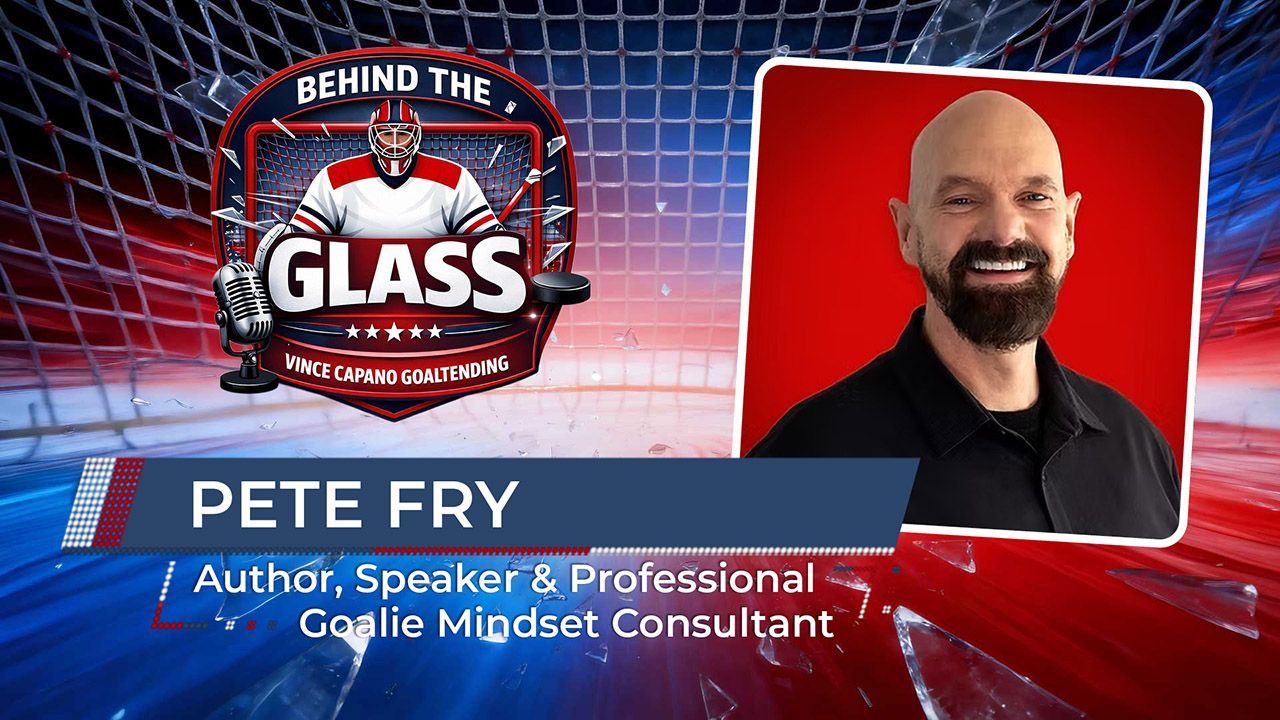 Pete Fry podcast promo with smiling bald man portrait, red and blue background, “Behind the Glass” logo