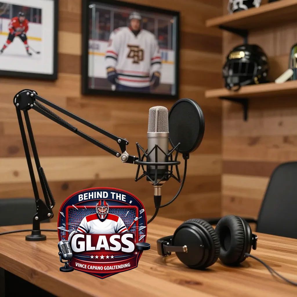Podcast studio desk with microphone, pop filter, headphones, and “Behind the Glass” sign