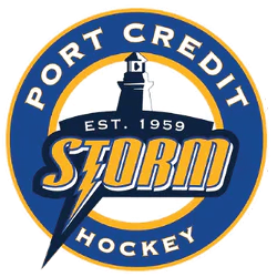 Port Credit Storm Hockey logo with lighthouse, blue and gold circular emblem, EST. 1959