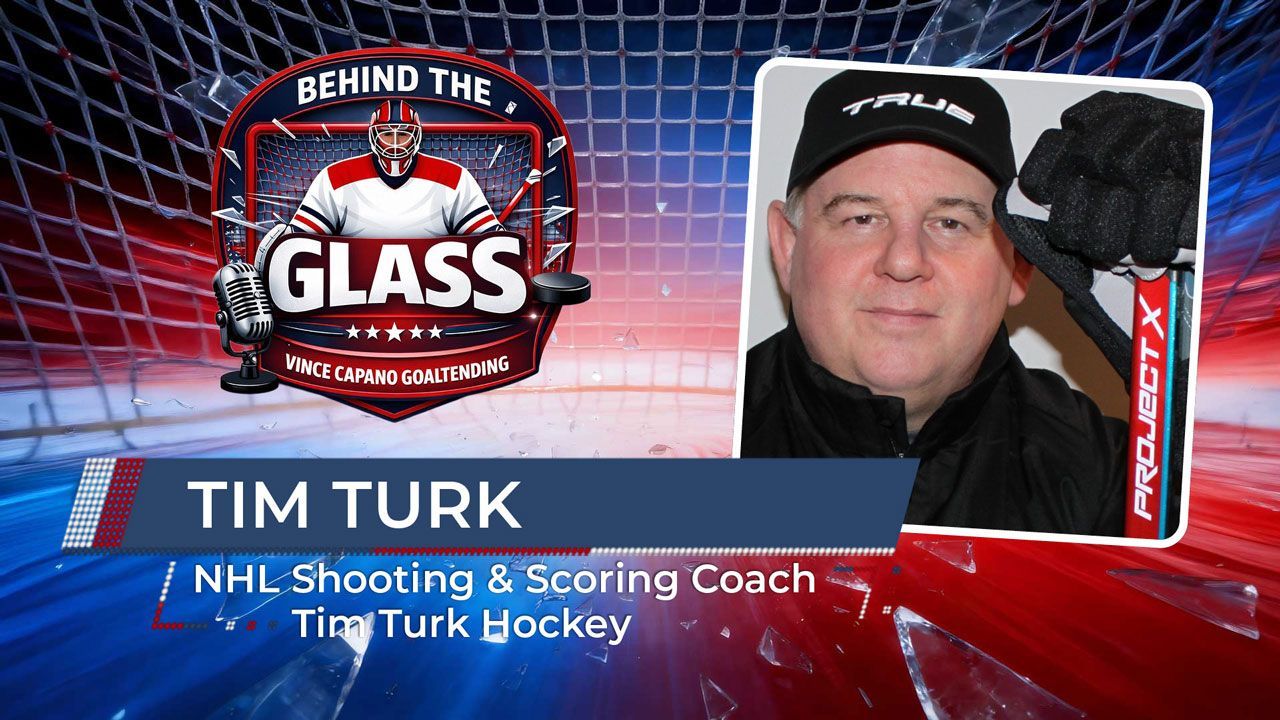 Tim Turk NHL shooting and scoring coach, with hockey stick on red “Behind the Glass” graphic backdrop