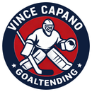 Vince Capano Goaltending logo with a hockey goalie in red, white, and navy inside a circular emblem