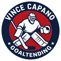 Vince Capano Goaltending logo with a hockey goalie in red, white, and navy inside a circular emblem