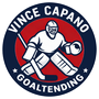 Vince Capano Goaltending logo with a hockey goalie in red, white, and navy inside a circular emblem