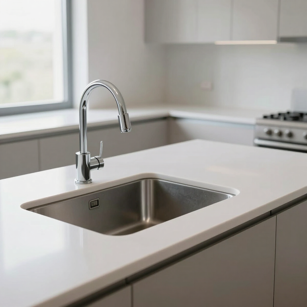 Modern kitchen with a stainless steel sink, chrome faucet, and white countertops