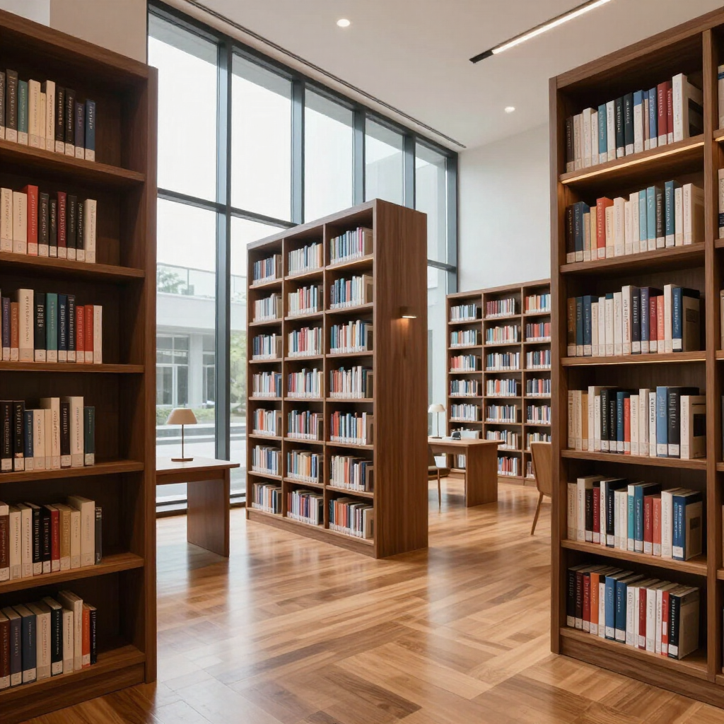 Modern library interior with tall wooden bookshelves, large windows, and polished wood floors