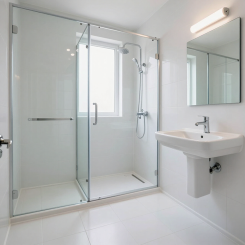 Modern white bathroom with glass shower enclosure, sink, mirror, and wall light