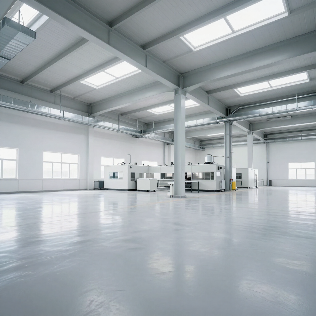 Empty modern industrial warehouse with white walls, glossy floor, and skylights overhead