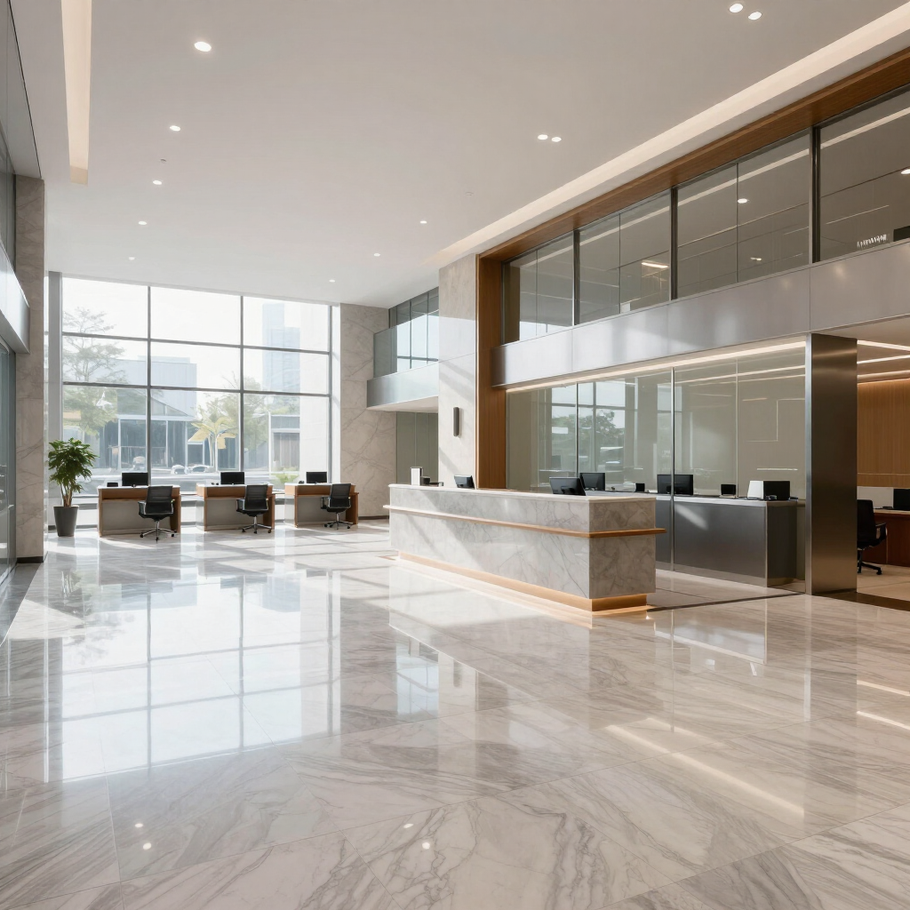 Modern office lobby with glossy marble floors, glass walls, seating area, and reception desk