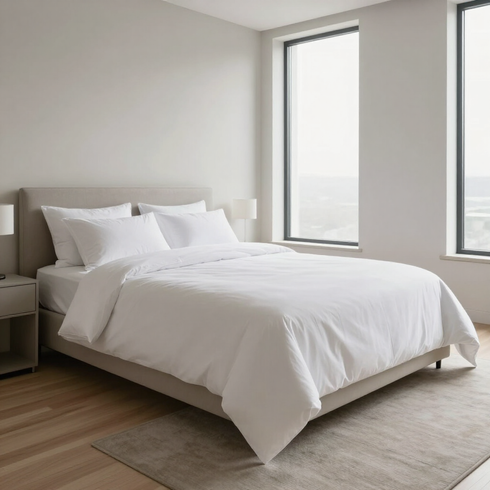 Minimal white bedroom with a neatly made bed and large windows overlooking a hazy view