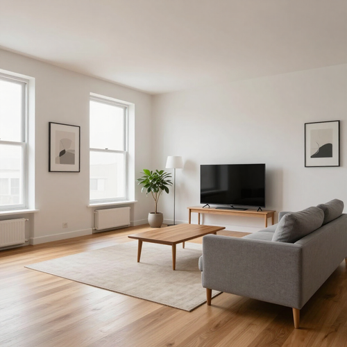 Bright minimalist living room with gray sofa, wooden coffee table, TV, plant, and large windows