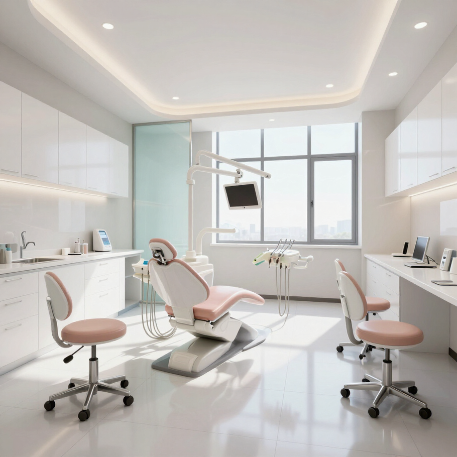 Bright modern dental clinic with two pink chairs, white cabinets, and large windows