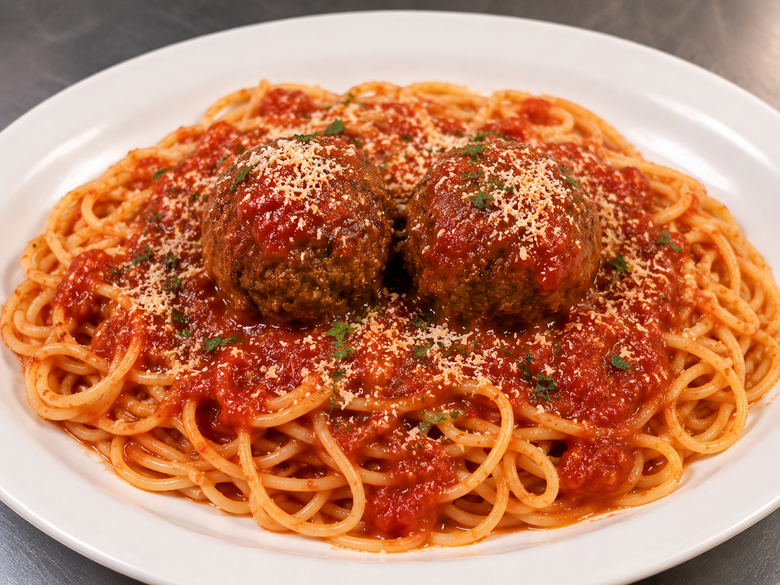 Spaghetti with tomato sauce and two meatballs on a white plate, sprinkled with grated cheese
