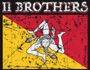Stylized “II BROTHERS” text over red and yellow background with a central hanging figure illustration