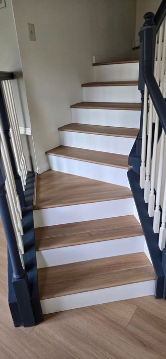 Staircase with white risers, wood treads, and dark railing in a home hallway
