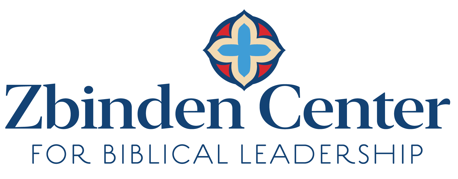 The logo of the Zbinden Center for Biblical Leadership, featuring a blue and red ornamental cross icon above the text.