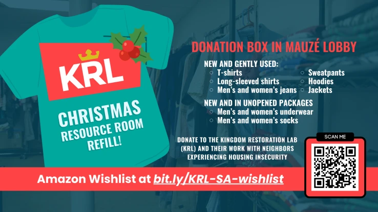 A flyer for KRL Christmas donation drive. Drop off new or gently used clothing in the Mauzé lobby or use the QR code link.