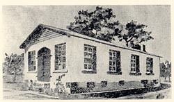 A black-and-white sketch of a simple, rectangular, single-story building with a gable roof and several tall windows.