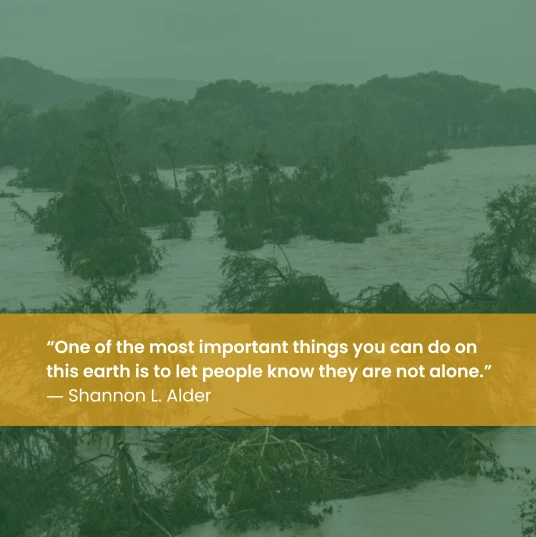 A quote by Shannon L. Alder about letting people know they are not alone, overlaid on a photo of a flooded landscape.