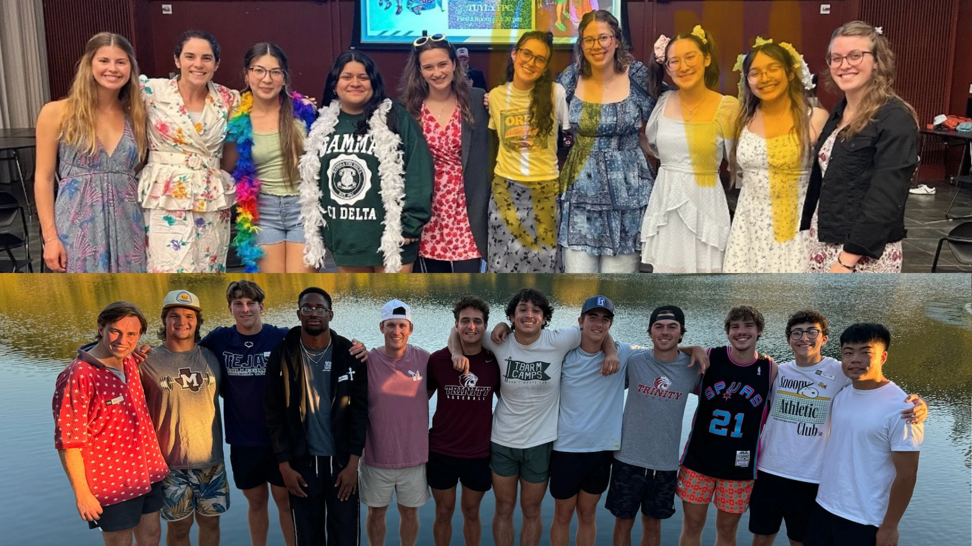 Two groups of people standing in lines: a top row in an indoor event space and a bottom row standing by a water body.