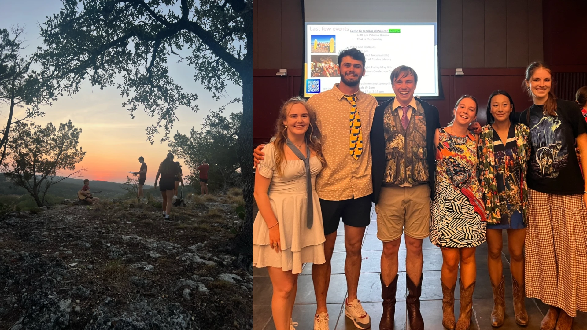 Split view: a group silhouetted on a rocky hill at sunset and six people smiling together at an indoor presentation.