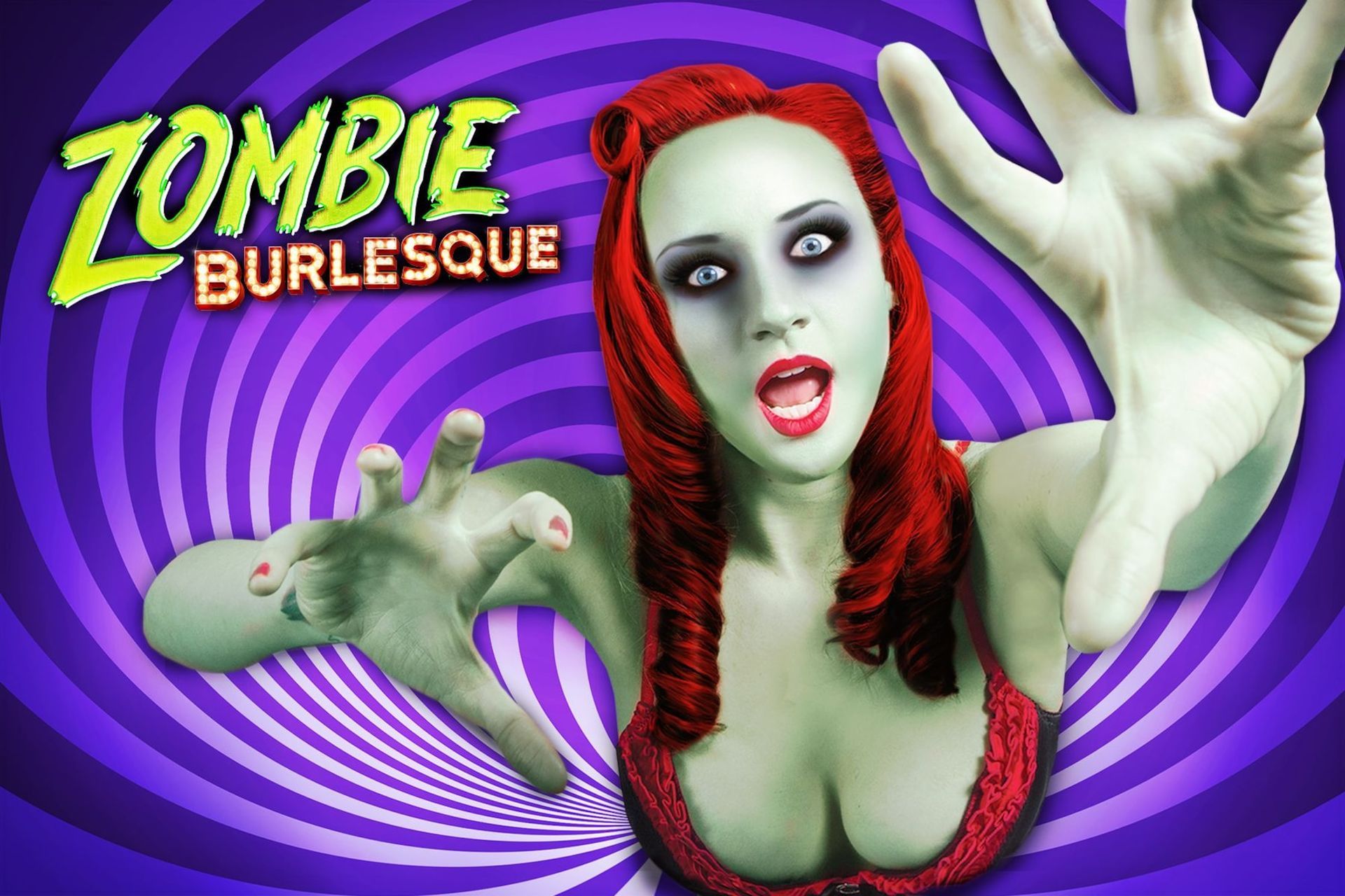 a poster for zombie burlesque shows a woman with red hair