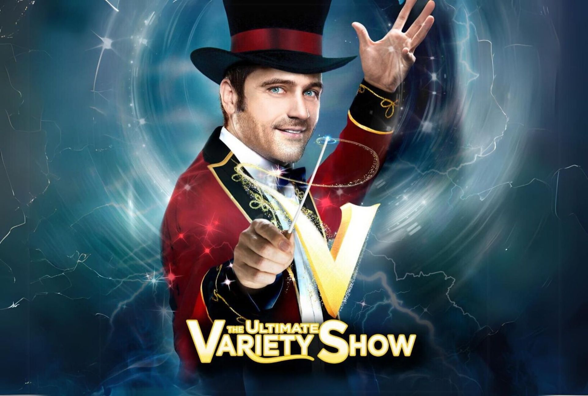 a man in a top hat is pointing at the camera for the ultimate variety show