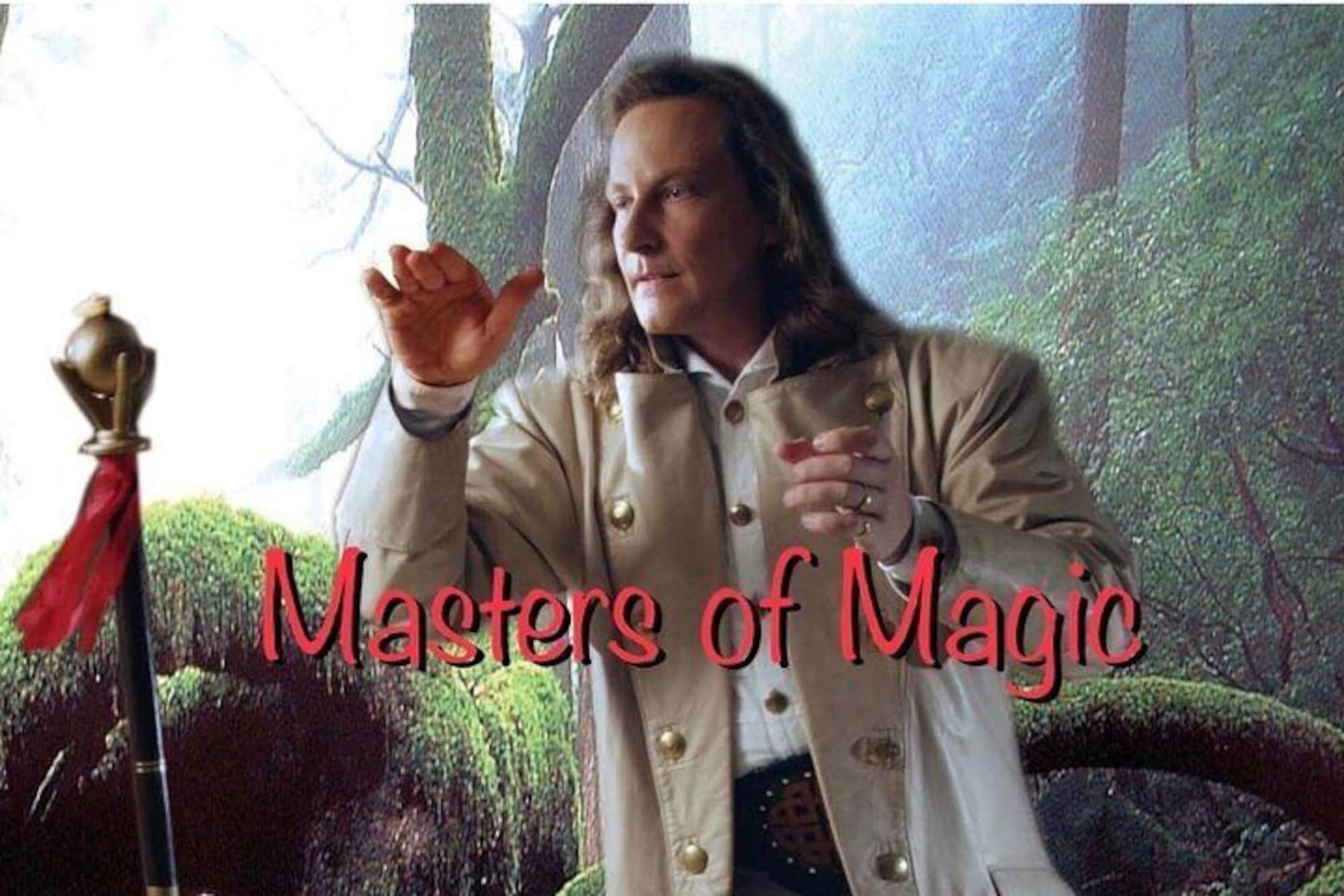 a man with long hair is holding a cane and the words masters of magic are above him