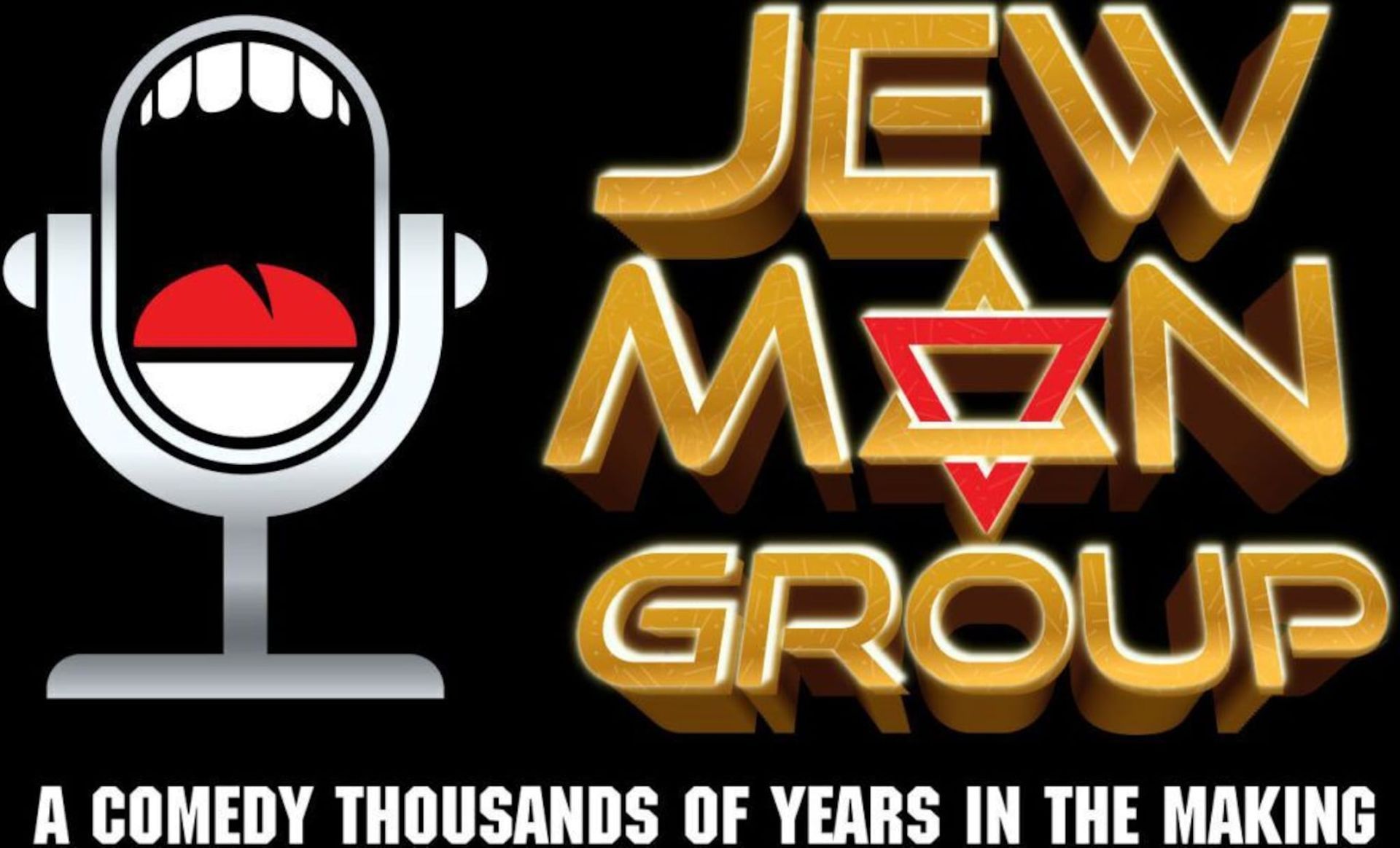 a logo for the jew man group with a microphone