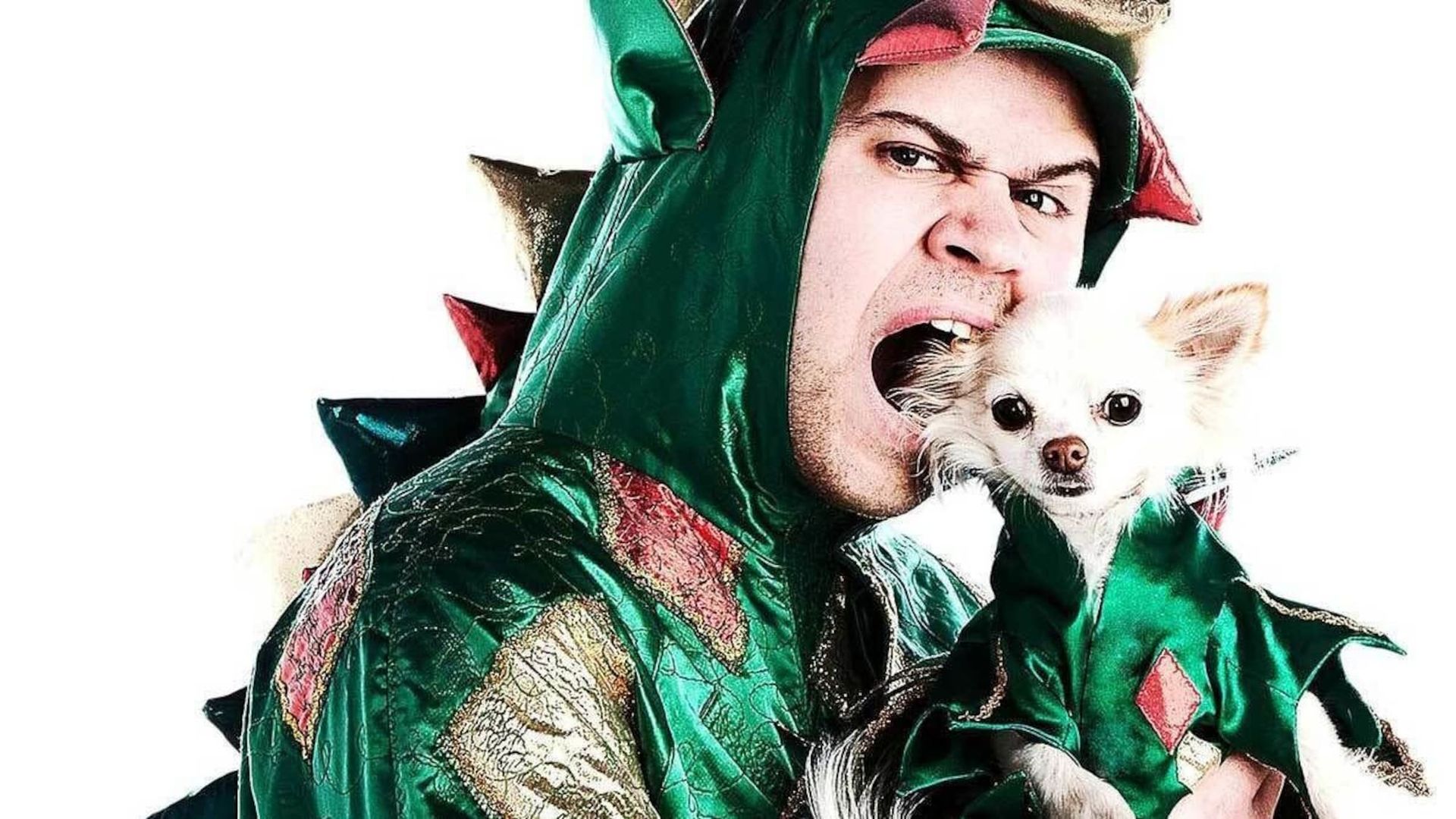 a man in a dragon costume is holding a small dog .