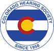 Logo of the Colorado Hearing Society, a blue and white circle with the Colorado state flag in the center. Text: 