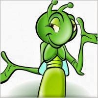 A cartoon grasshopper is smiling and waving at the camera.