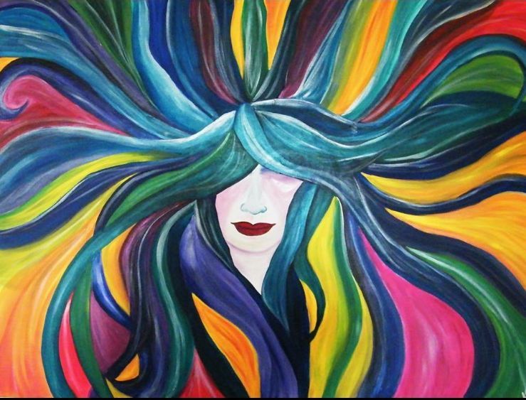 A painting of a woman with long colorful hair