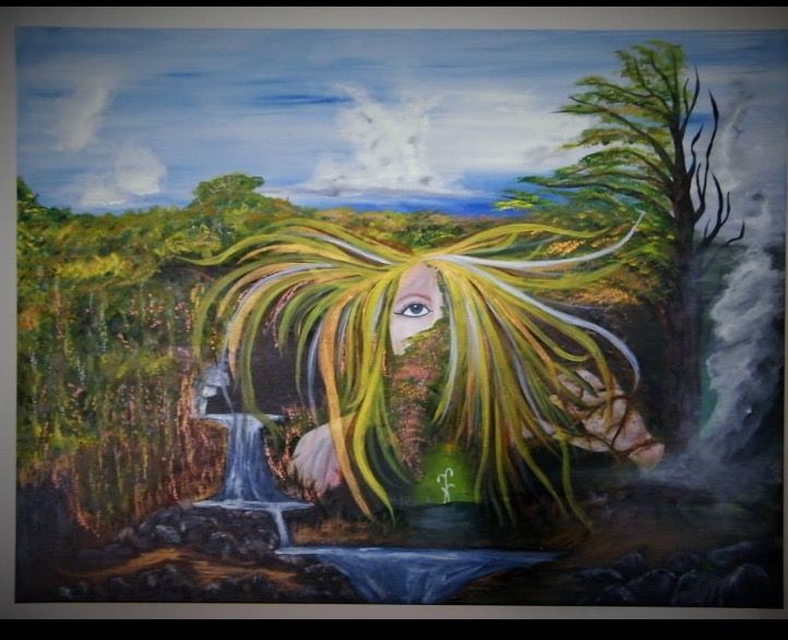 A painting of a woman with a waterfall in the background