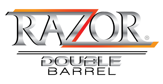 Razor Double Barrel logo with silver text and orange and red accents.