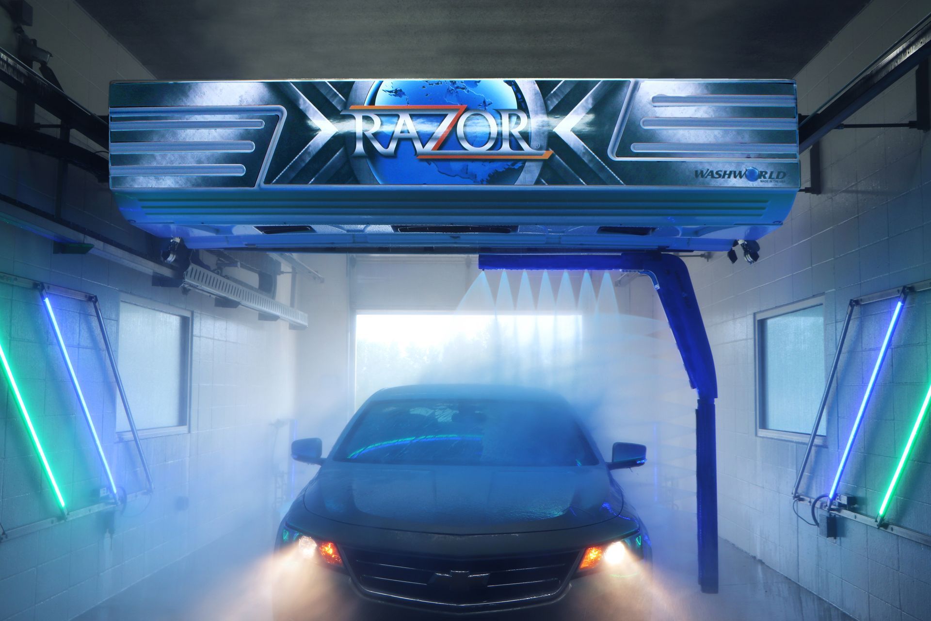 Car in a Razor car wash bay.