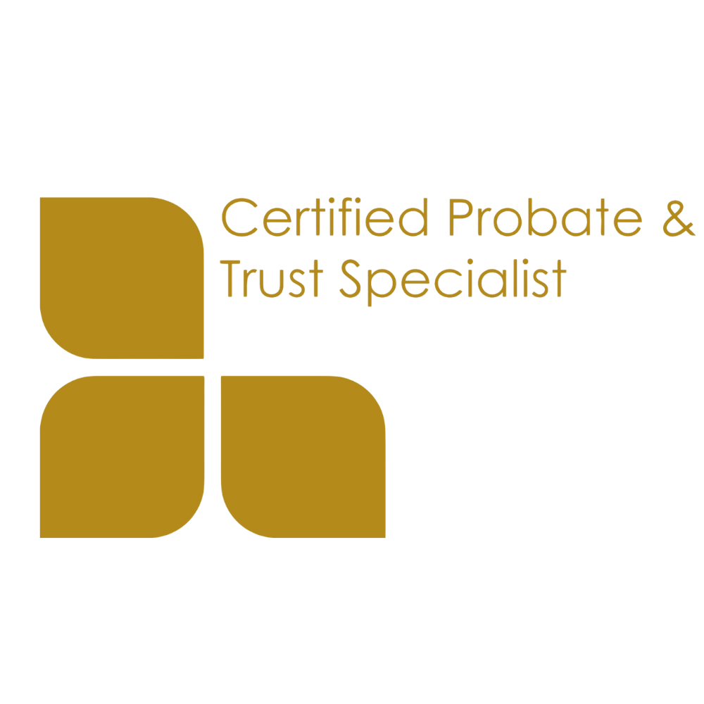 Gold logo with four rounded squares and text “Certified Probate & Trust Specialist”