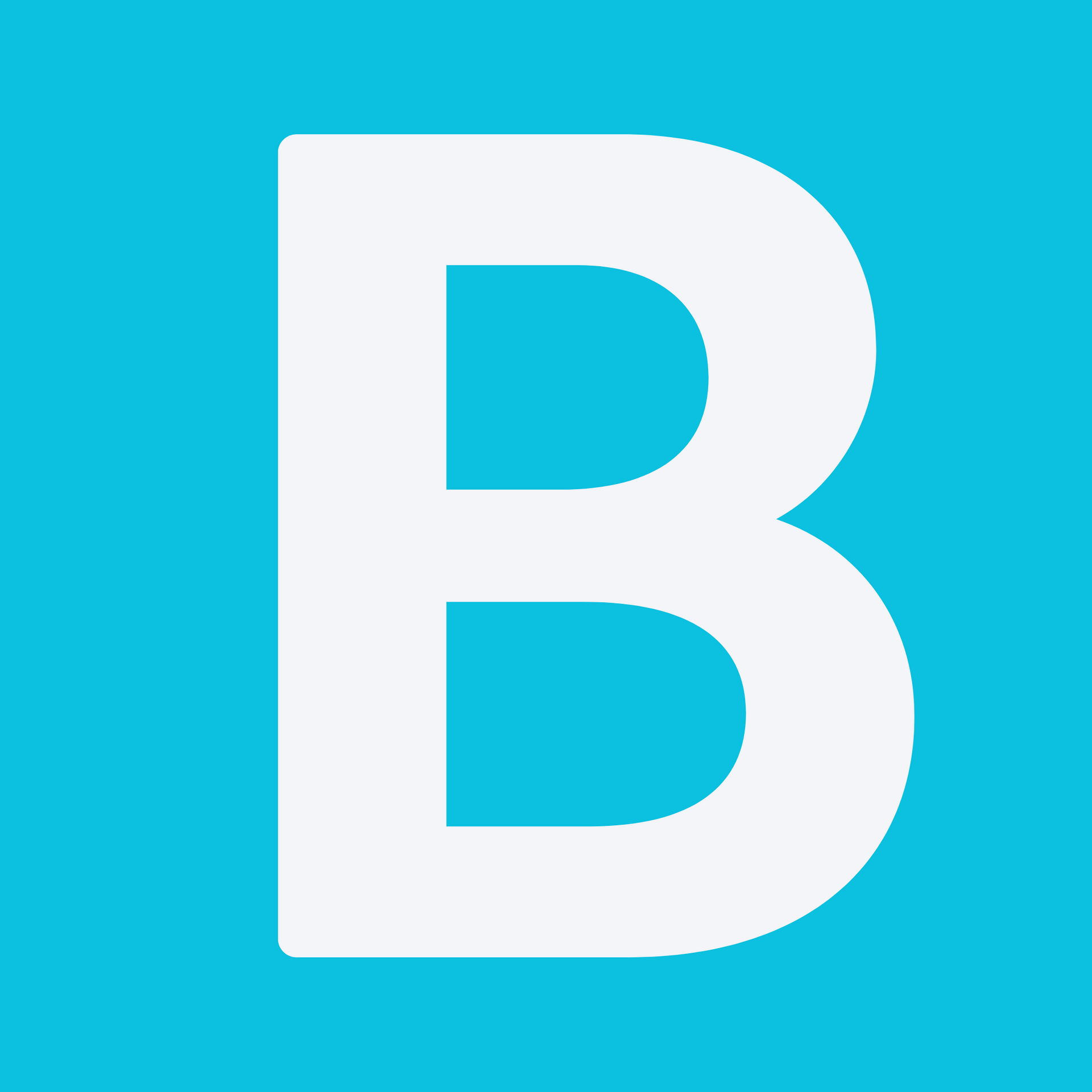 White letter B on a cyan background