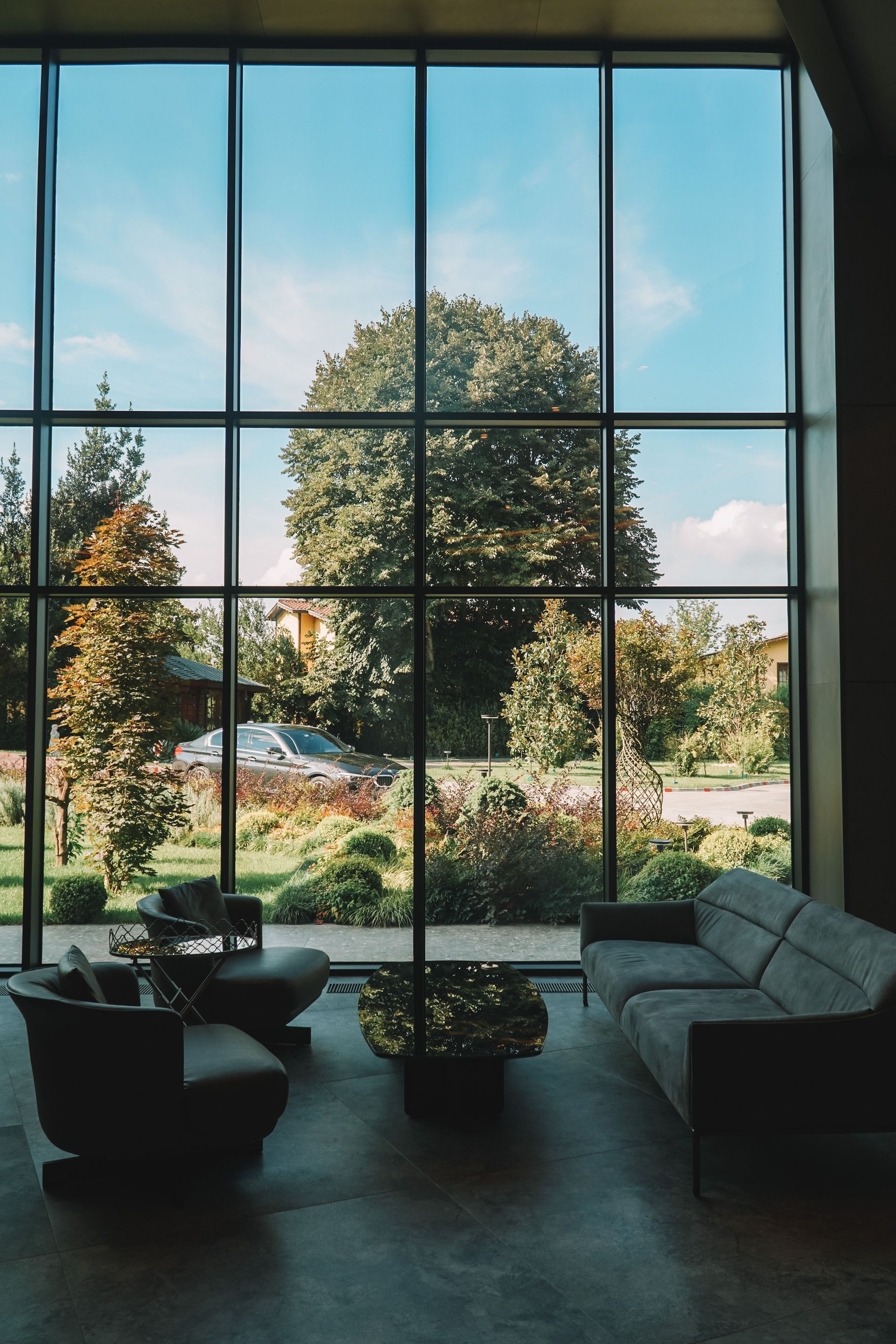 Modern living room with floor-to-ceiling windows overlooking a garden and tree, with sofa, chair, and table
