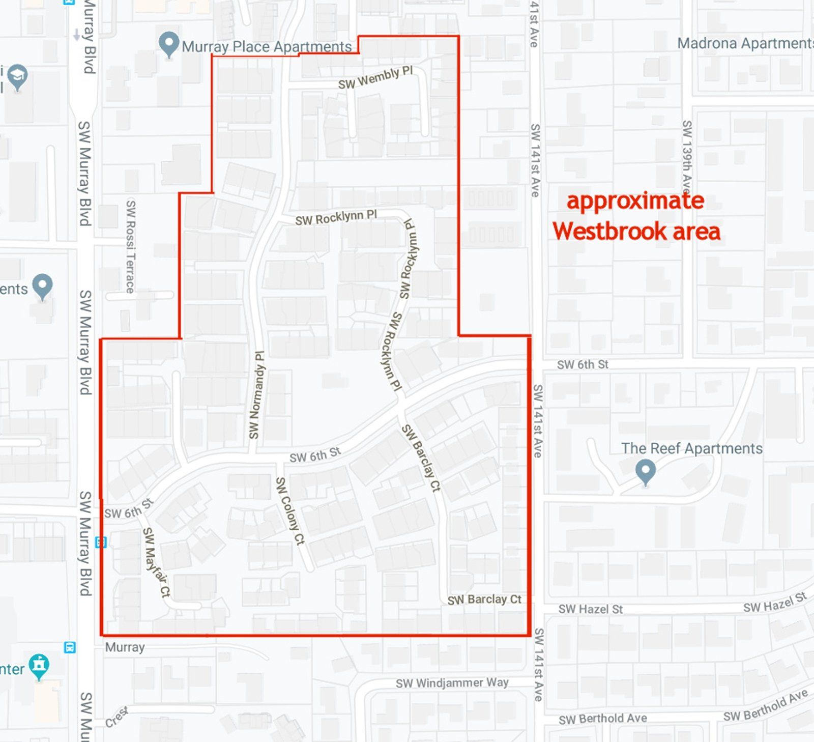 A map showing the approximate Westbrook area