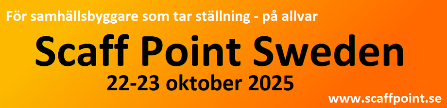 Orange promotional banner for “Scaff Point Sweden” with dates 22–23 oktober 2025 and website scafpoint.se