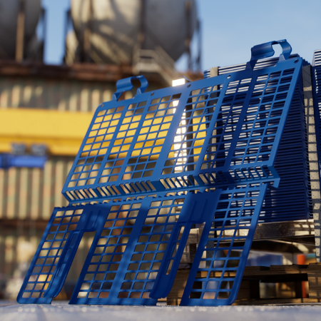 Blue plastic storage crates stacked and leaning in an industrial setting