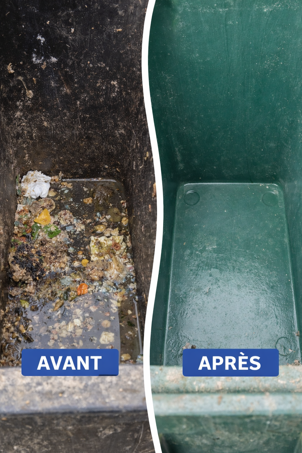 Before-and-after of a dirty black-and-green surface cleaned to a smooth green finish.