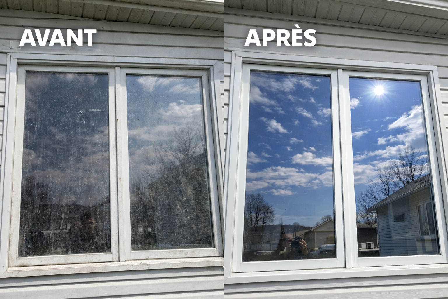 Fenêtres avant et après nettoyage: vitre sale à gauche, vitres claires avec ciel bleu à droite