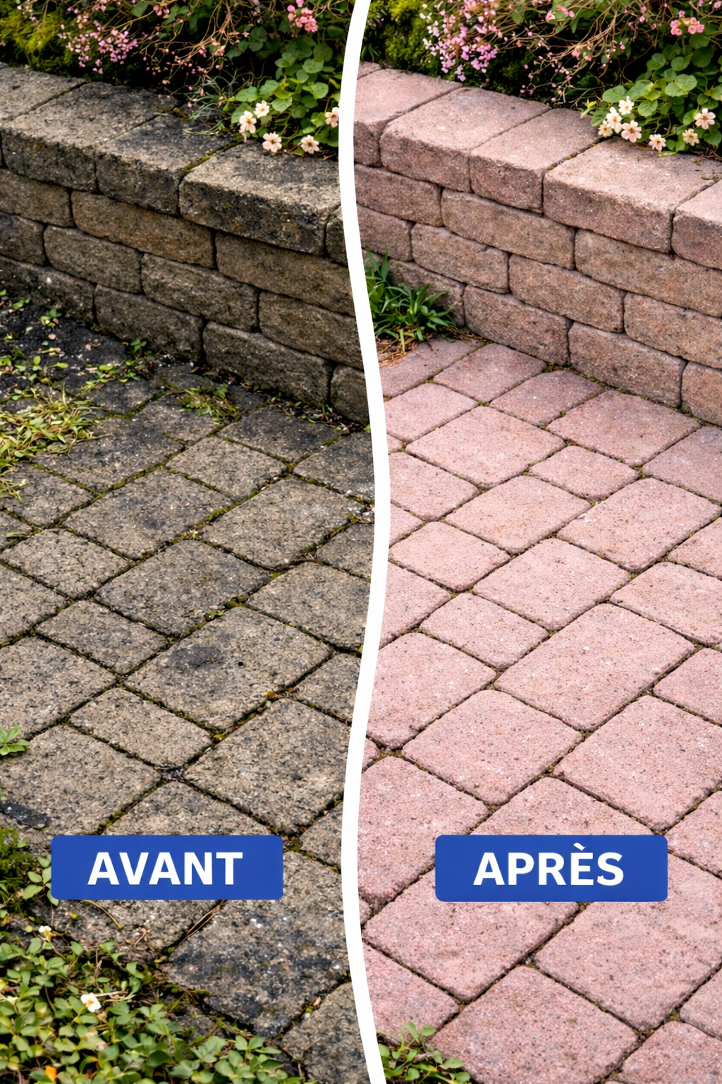 Avant-après d'un lavage de pavé uni en Beauce transformant des pierres grises en rose.