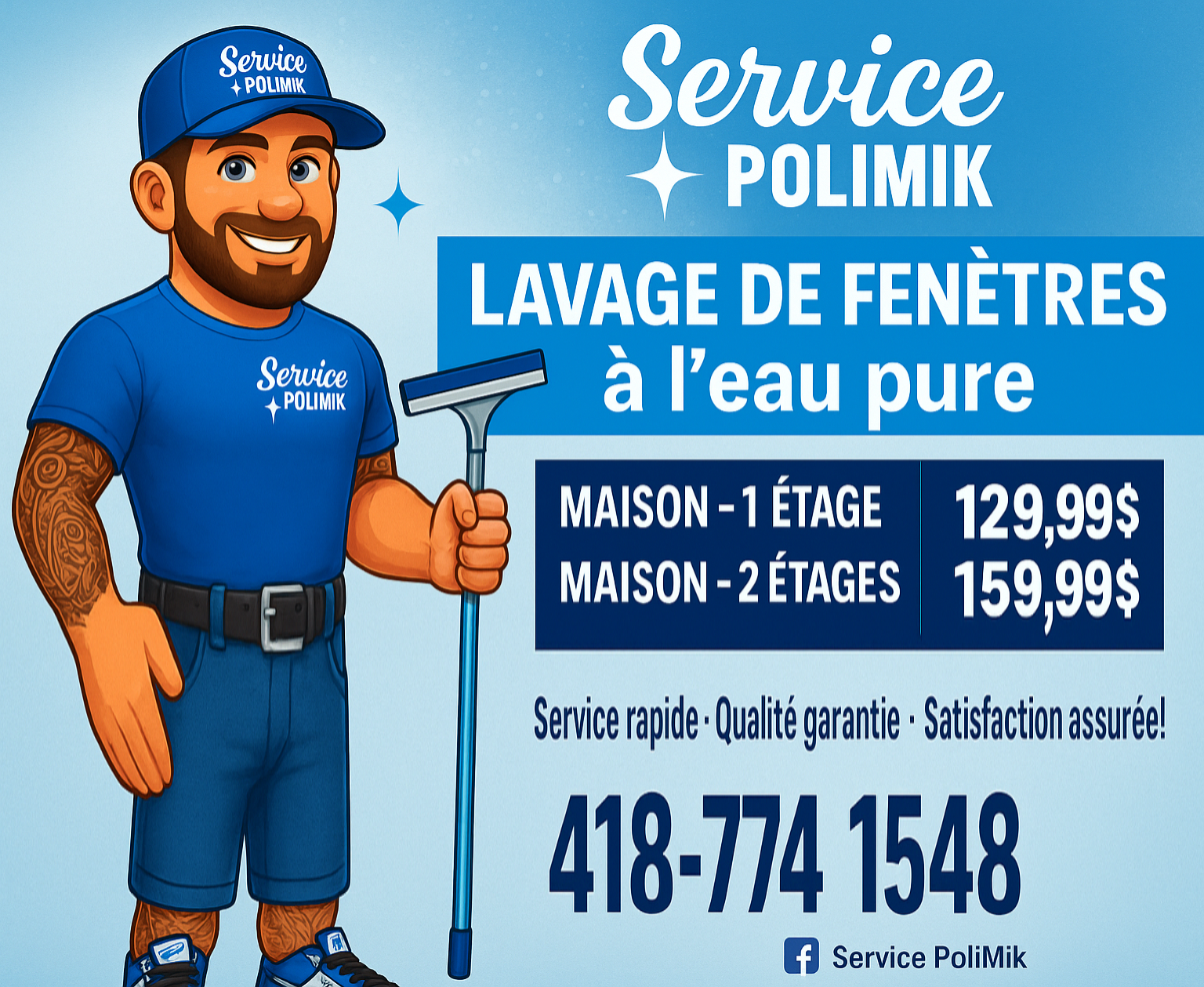 Service Polimik ad for pure water window washing, with smiling blue-clad worker, pricing, and phone number 418-774-1548