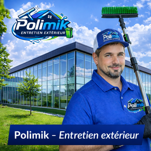 Publicité de Services Polimik pour le lavage de fenêtres et nettoyage de toiture avec technicien.