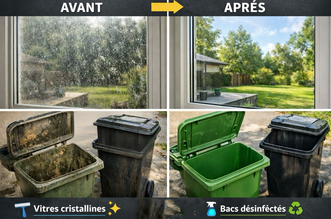 Avant/après: vitres propres et bacs désinfectés, montrant un nettoyage professionnel.