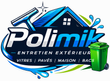 Polimik cleaning services logo with house, mop, water splashes, and green trash bin on white background
