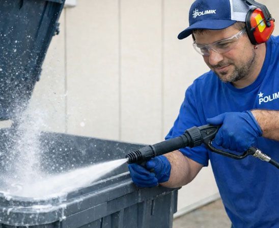 Worker in blue shirt pressure-washes a black bin outdoors, spraying water and foam.